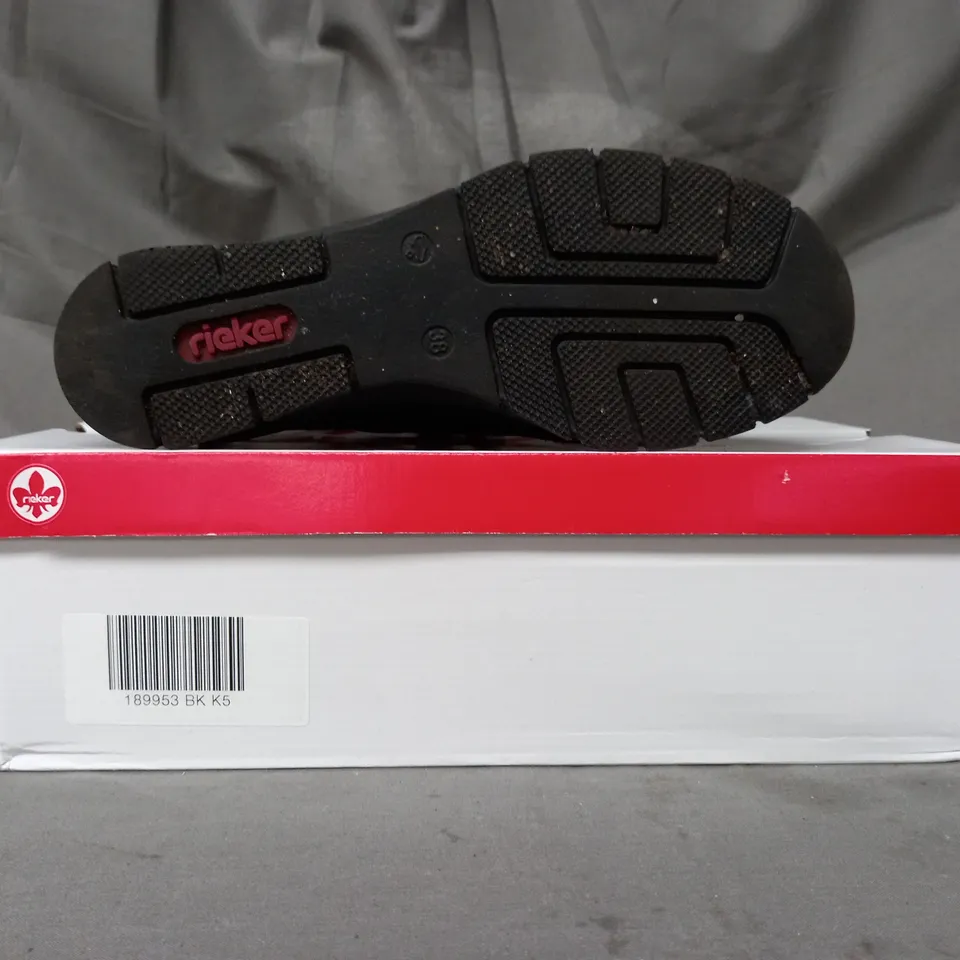 BOXED PAIR OF RIEKER WEDGE TRAINERS IN BLACK SIZE 5