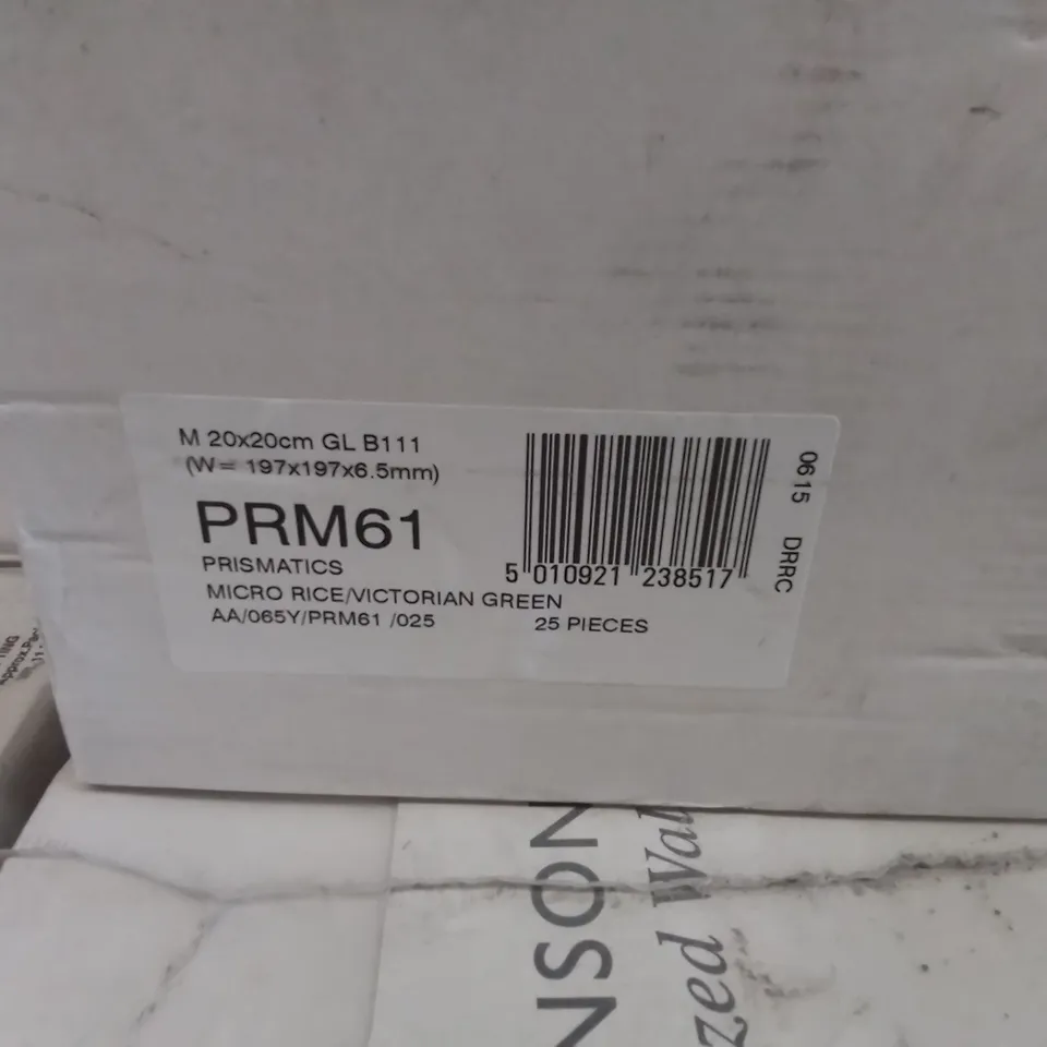PALLET TO CONTAIN APPROX 96 X PACKS OF BRAND NEW JOHNSON GLAZED WALL TILES IN MICRO RICE/VICTORIAN GREEN - 25 TILES PER PACK // TILE SIZE: 197 X 197 X 6.5mm