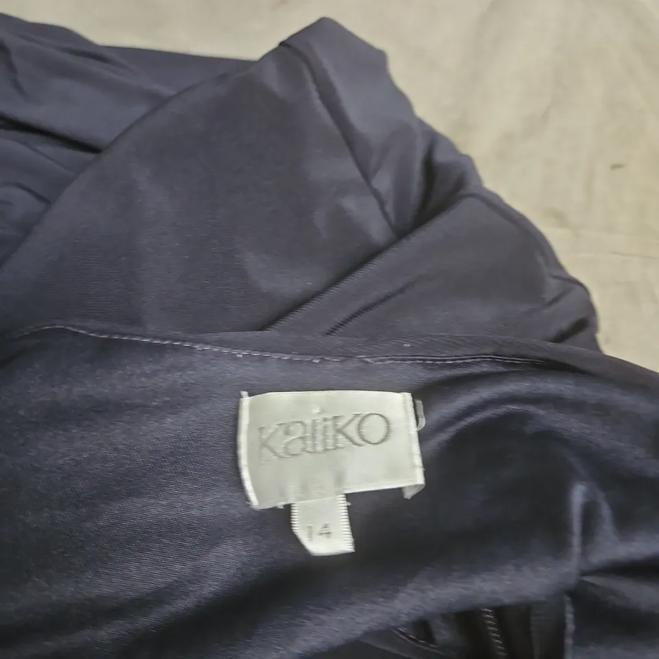 KAIKO NAVY DRAPED ONE-SHOULDER EVENING DRESS, UK 14