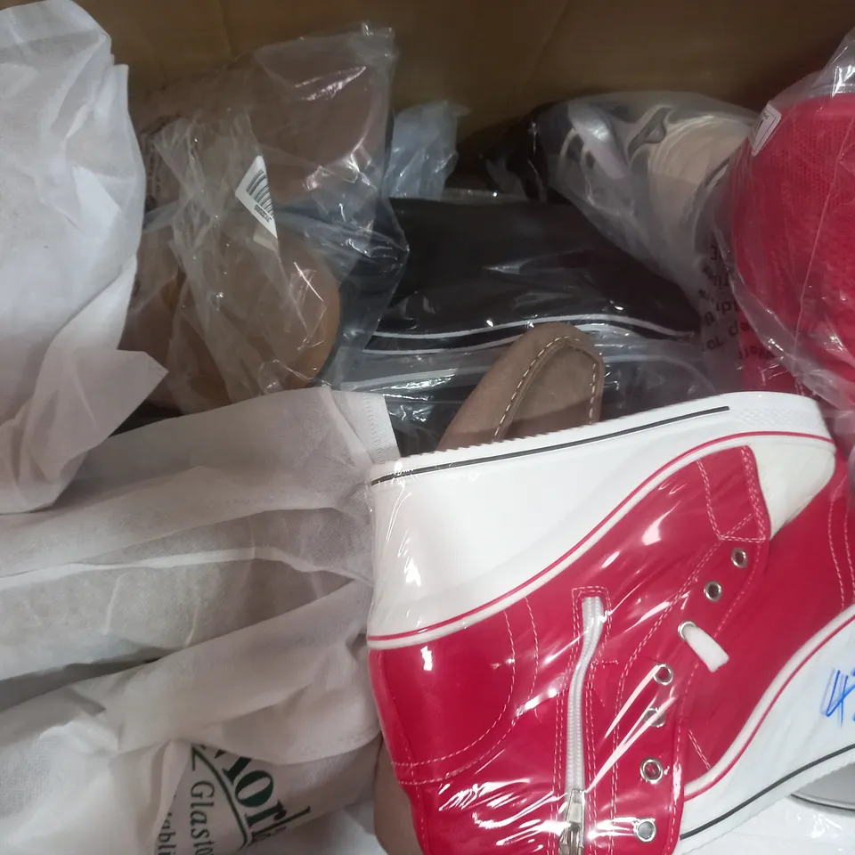 BOX OF APPROXIMATELY 15 ASSORTED PAIRS OF SHOES AND FOOTWEAR ITEMS IN VARIOUS STYLES AND SIZES TO INCLUDE H&M, IU IU GONG ZHG, ETC