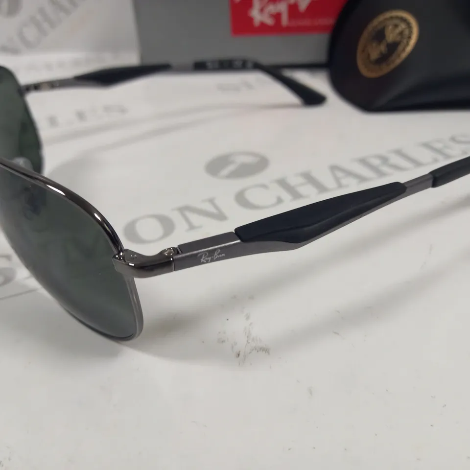 BOXED PAIR OF RAY BAN GLASSES IN GUNMETAL GREEN