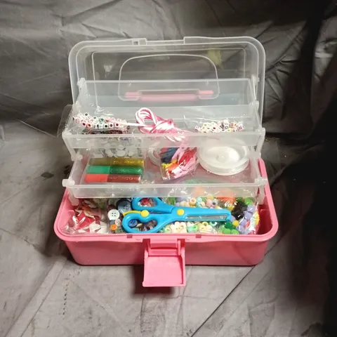 ARTS & CRAFTS KIT SET IN PINK CONTAINERS – BEADS, BUTTONS, RIBBONS & SCISSORS 