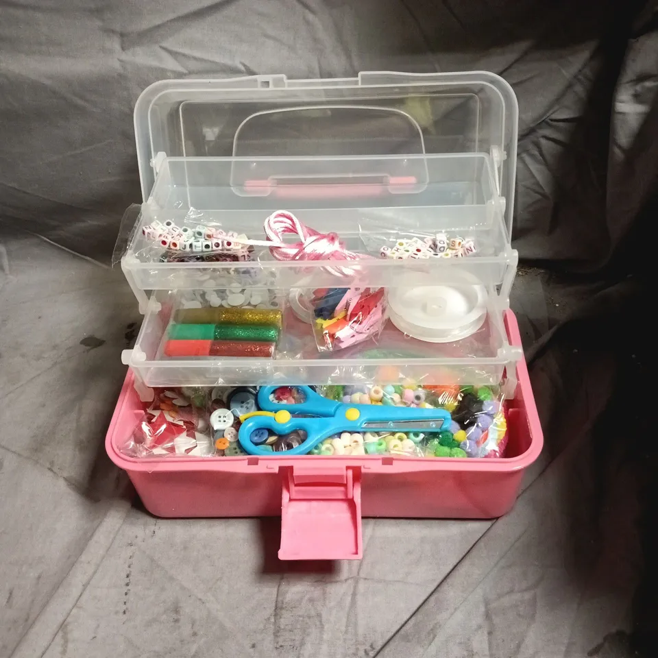 ARTS & CRAFTS KIT SET IN PINK CONTAINERS – BEADS, BUTTONS, RIBBONS & SCISSORS