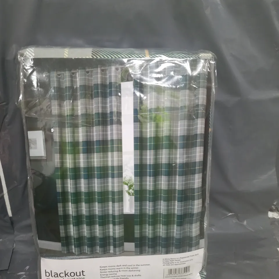 OLIVIA ROCCO BLACKET EYELET BEDROOM CURTAINS 90" X 90" GREEN CHECK PATTERN