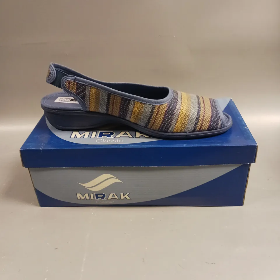 BOXED PAIR OF MIRAK CLASSIC CARLA OPEN TOE SHOES IN BLUE - 7.5