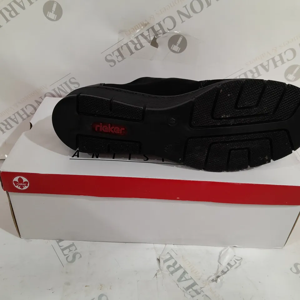 BOXED PAIR OF RIEKER WEDGE TRAINERS IN BLACK - SIZE 7.5