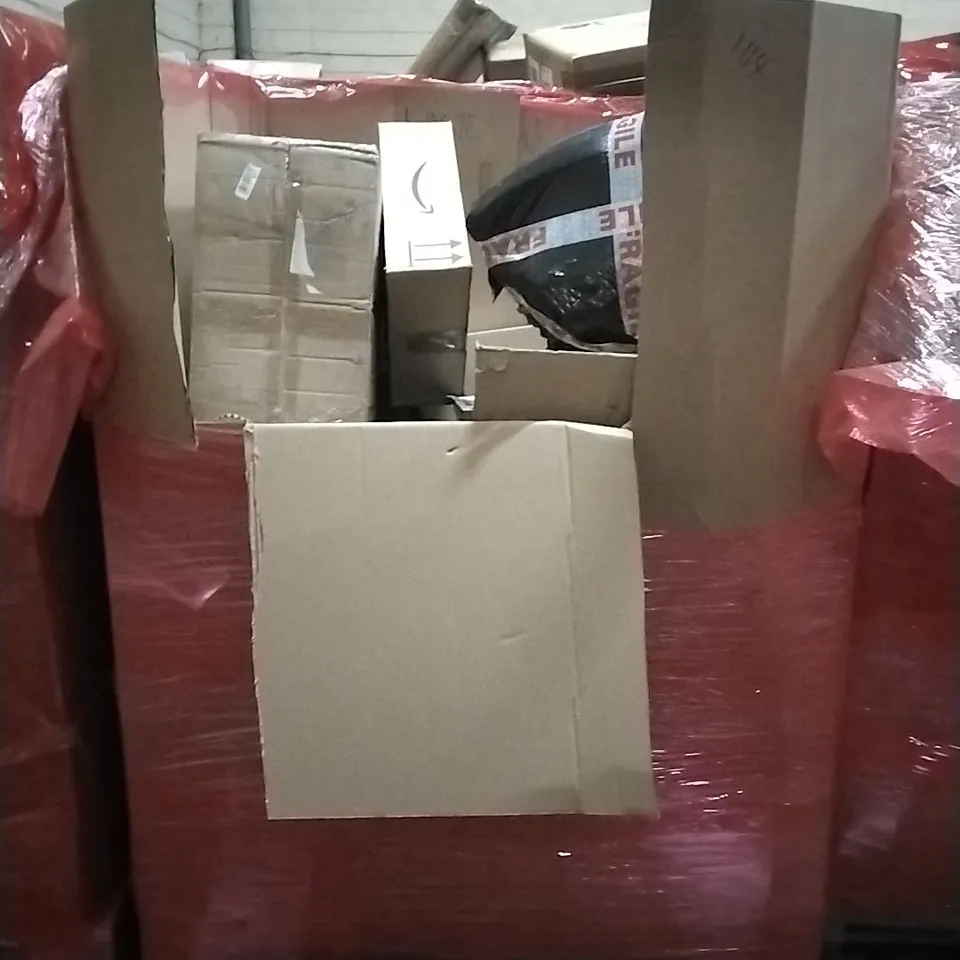 PALLET OF HOUSEHOLD ITEMS TO INCLUDE ARTIFICIAL MONSTERA DELICIOUS PLANT,INDOOR AND OUTDOOR HEATED CAT HOUSE,JUICING SYSTEM CELING FAN WITH LIGHT AND OTHER ASSORTED ITEMS...