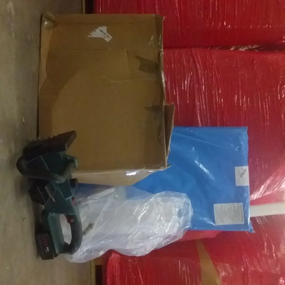 PALLET OF ASSORTED ITEMS INCLUDING PVC BACKDROP , FOAM QUILTED COT MATTRESS,  SLEEPING PILLOWS , PVC PIPE , CORDLESS CHAIN SAW , 