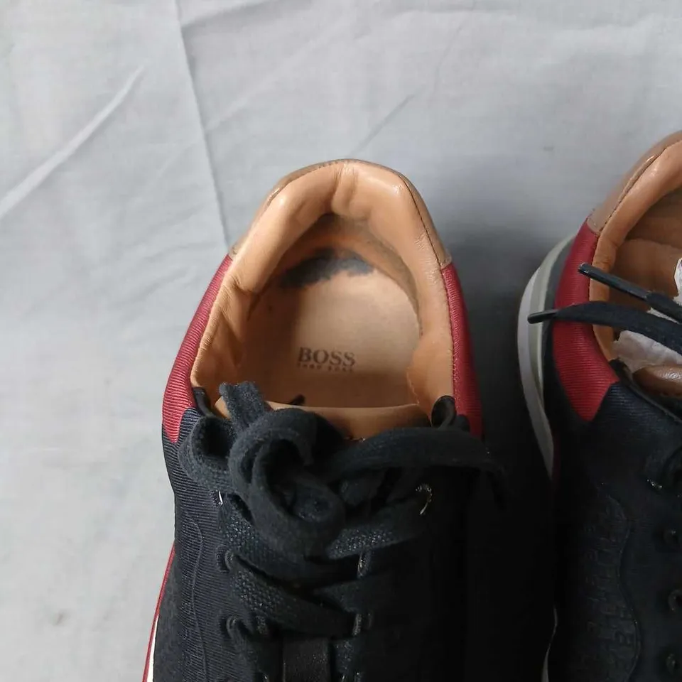 HUGO BOSS SNEAKERS – BLACK WITH WHITE TRIM AND BURGUNDY ACCENTS, MEN'S EU40 (UK6 / US7) 