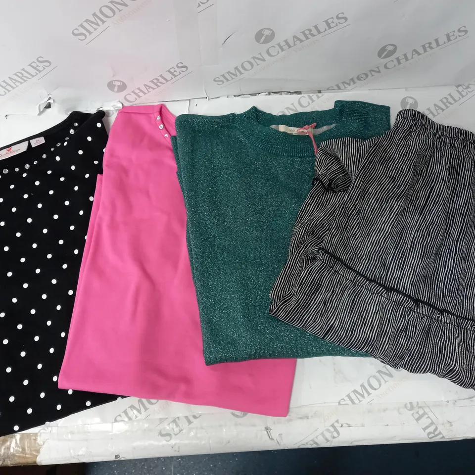 BOX OF APPROX 5 CLOTHING ITEMS TO INCLUDE QUACKER FACTORY TOP - XS, WHITE STUFF NIGHT SKY JUMPER - SIZE 10, FRANK USHER SKIRT - S/M, ETC.