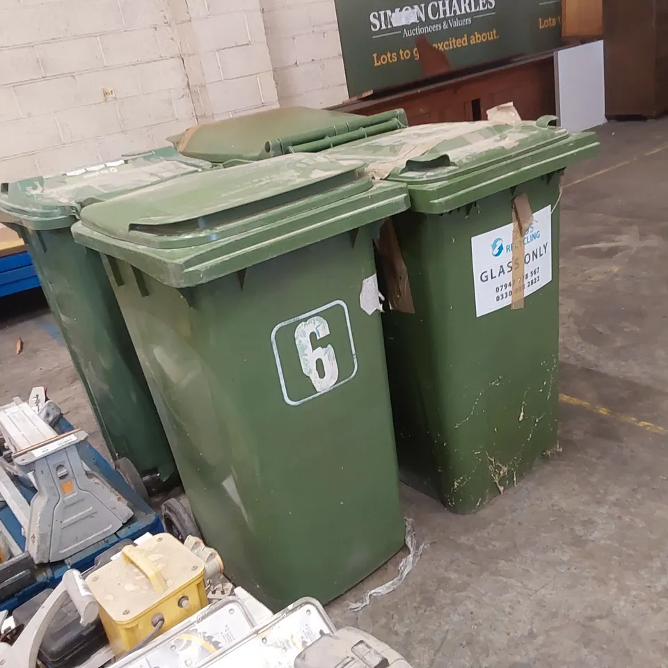 LOT OF 4 GREEN STORAGE WHEELIE BINS 