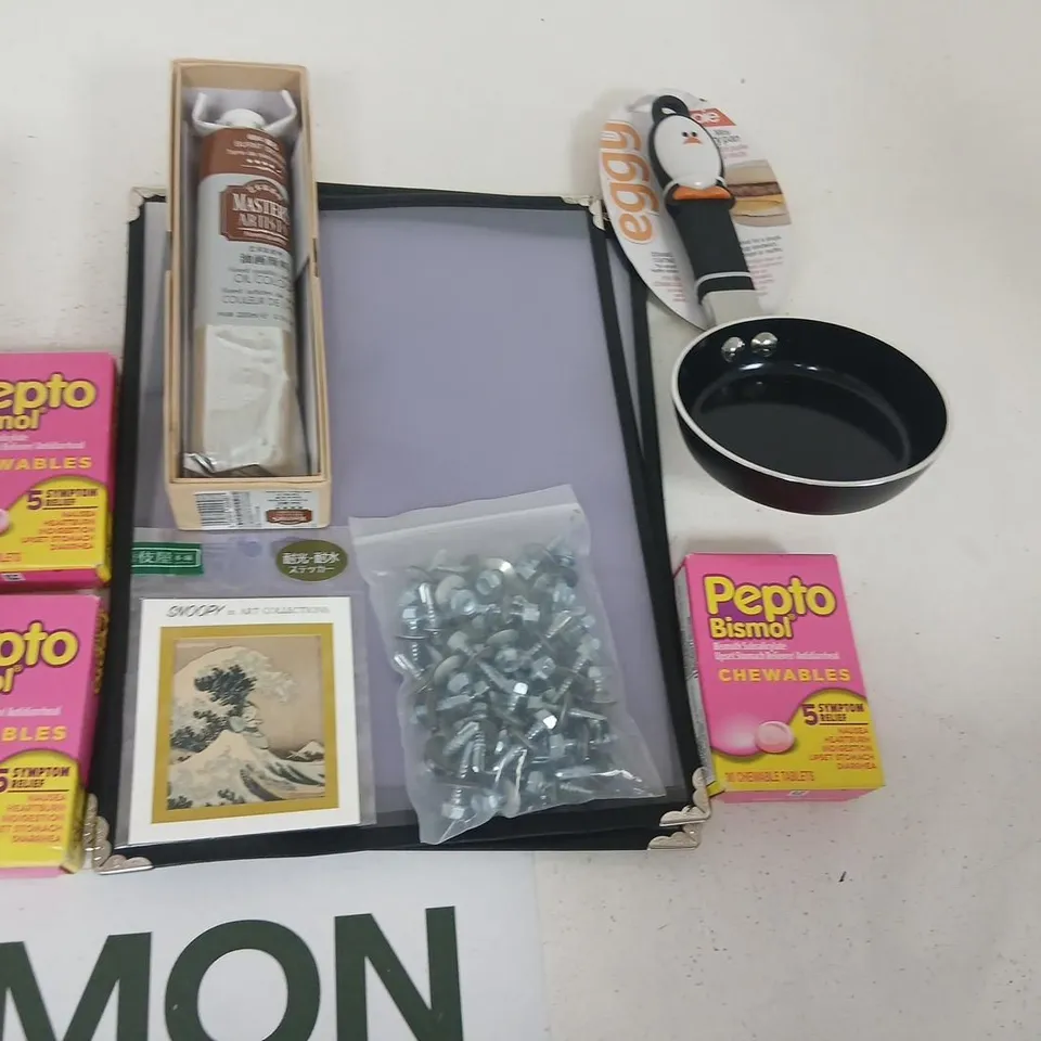 MIXED LOT OF HOUSEHOLD ITEMS: GORILLA GLUE, PEPTO-BISMOL, MASTER ARTIST TUBE, SNOOPY ART CARD & FRYING PAN