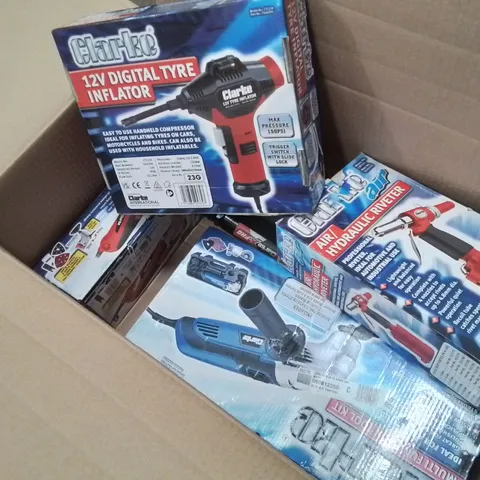 MIXED TOOL BUNDLE TO INCLUDE: HYDRAULIC RIVETER, MULTI TOOLS, 12V DIGITAL TYRE INFLATOR ECT.