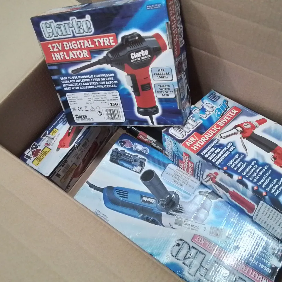 MIXED TOOL BUNDLE TO INCLUDE: HYDRAULIC RIVETER, MULTI TOOLS, 12V DIGITAL TYRE INFLATOR ECT.