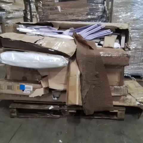 PALLET OF ASSORTED HOUSEHOLD GOODS AND PRODUCTS TO INCLUDE;SHOE CABINET,TV UNIT,COAT HANGERS