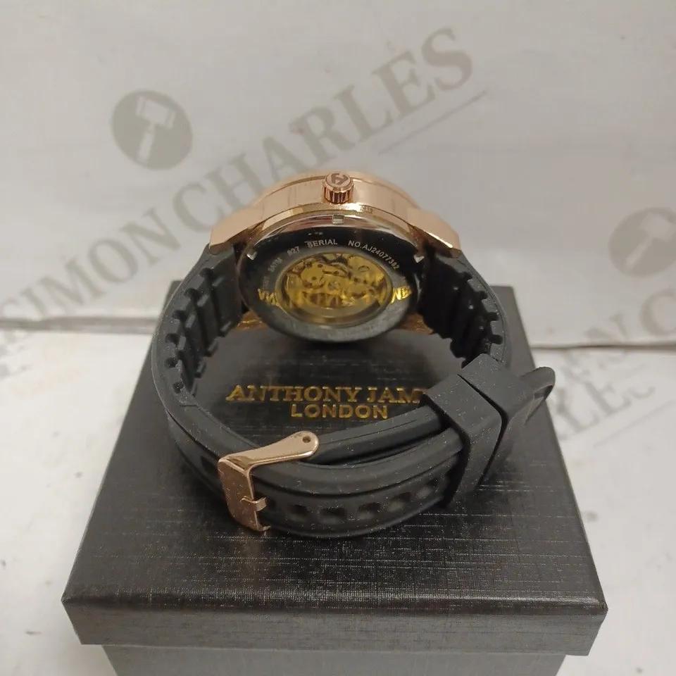 BOXED ANTHONY JAMES EXPEDITE WATCH - AUTOMATIC - RUBBER STRAP - SKELETON FACE - WATER RESISTANT 3 ATM.