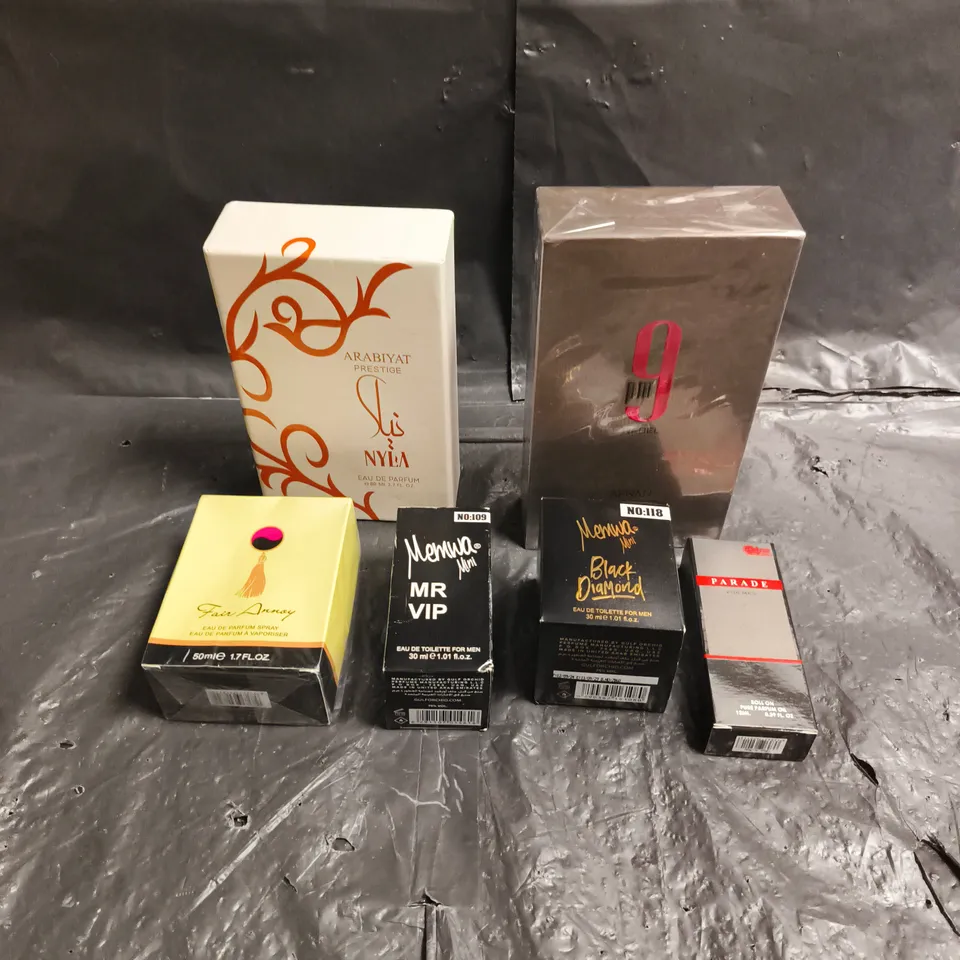 APPROXIMATELY 8 ASSORTED BOXED FRAGRANCES TO INCLUDE - AFNAN 9PM, AVON FAR AWAY, ARABIYAT PRESTIGE, ETC.