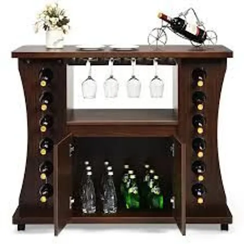 BOXED COSTWAY ROLLING BUFFET SIDEBOARD WOODEN BAR STORAGE CABINET W/ WINE RACK & GLASS HOLDER