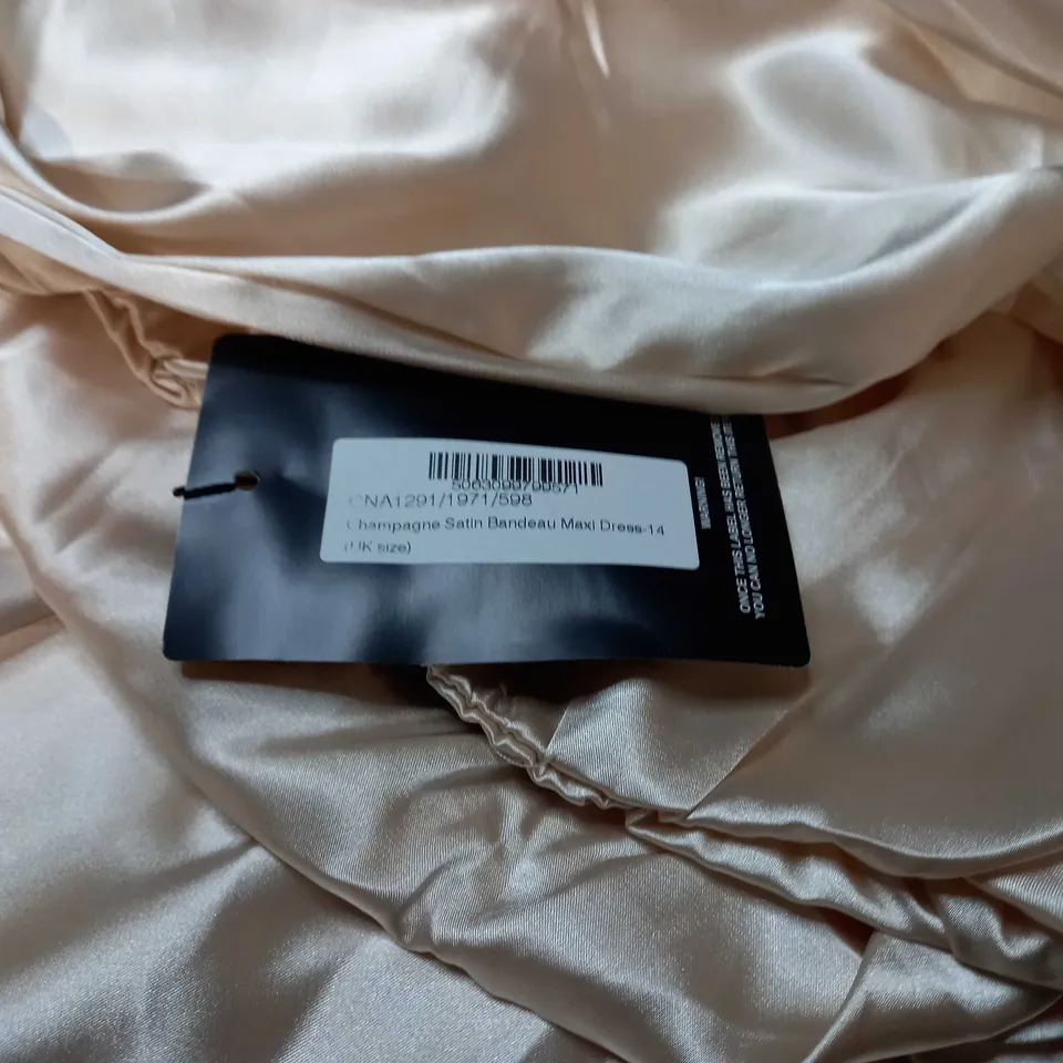 PLT CHAMPAGNE SATIN BANDEAU MAXI DRESS - SIZE 14