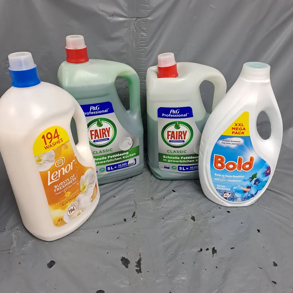 APPROXIMATELY 3 ASSORTED CLEANING PRODUCTS TO INCLUDE - FAIRY WASHING UP LIQUID - BOLD LAUNDRY DETERGENT - LENOR FABRIC CONDITIONER - COLLECTION ONLY