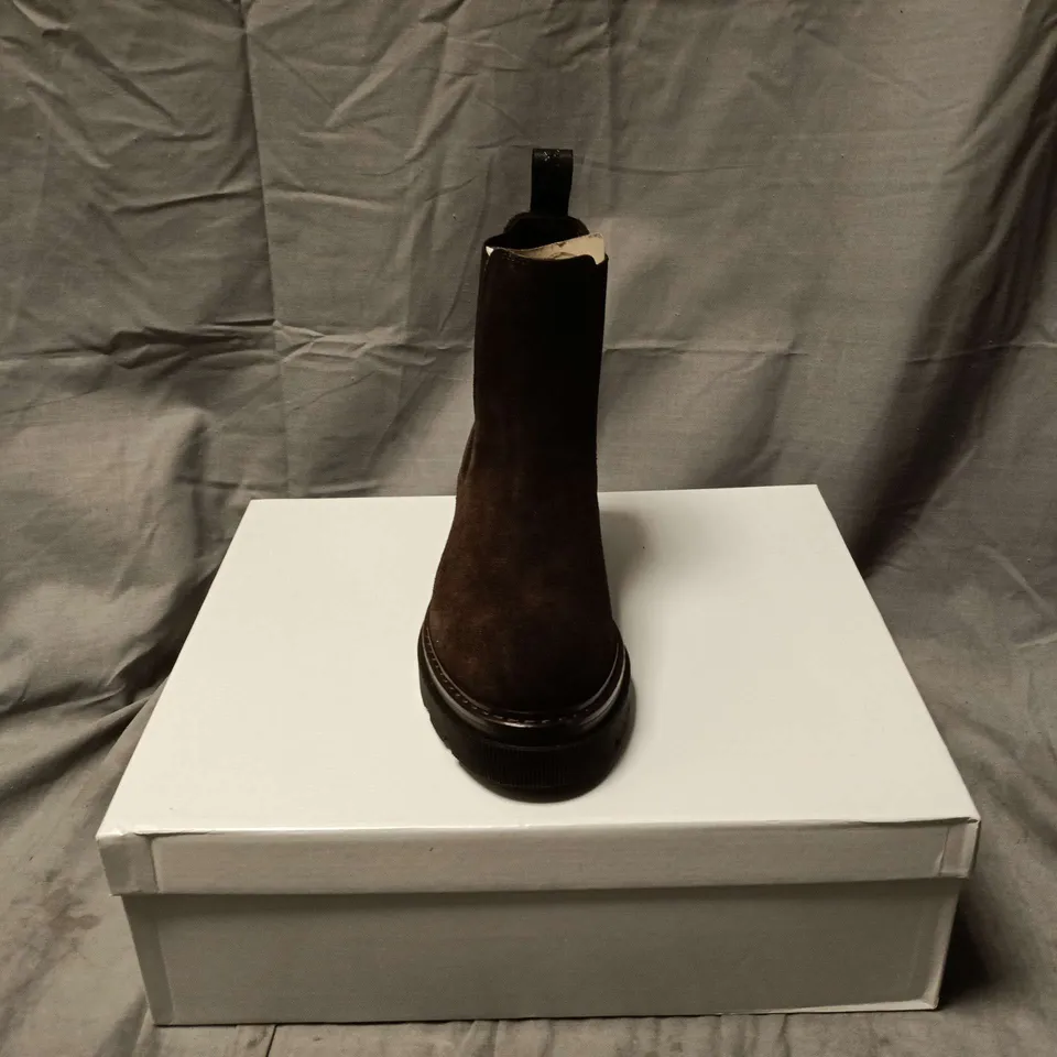 BOXED PAIR OF RUSSELL & BROMLEY MYSTIC SUEDE BOOTS IN BROWN - SIZE 36