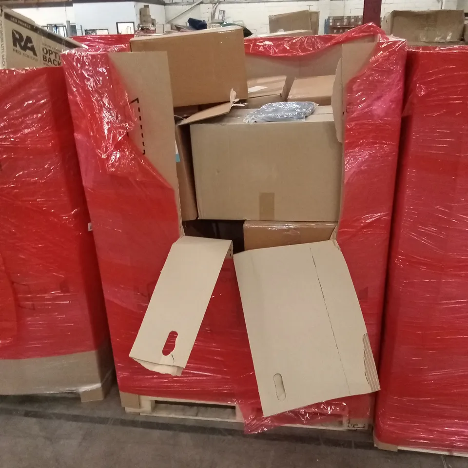 PALLET OF ASSORTED HOUSEHOLD GOODS AND PRODUCTS TO INCLUDE; CLOTHING AND BOXED FURNITURE ETC