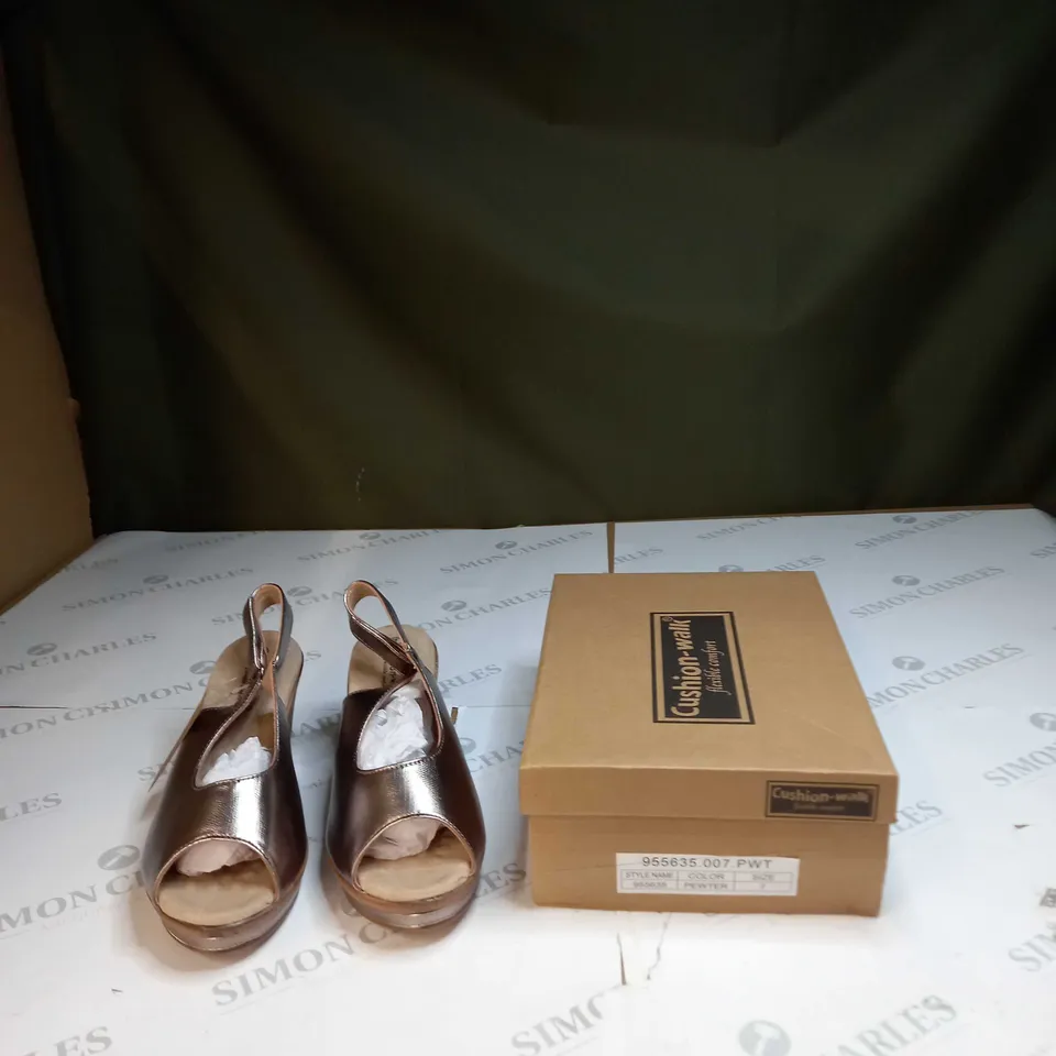 BOXED PAIR OF CUSHION WALK PEWTER STRAPPY WEDGE HEELED SHOES - SIZE 7