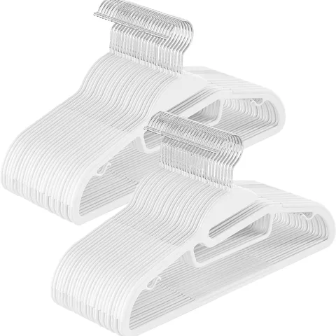 BOXED SONGMICS SET OF 50 PLASTIC COAT HANGERS WITH U-SHAPED OPENING, SPACE-SAVING, 0.5 CM THICK, 41.5 CM LONG, 360° SWIVEL HOOK, WHITE