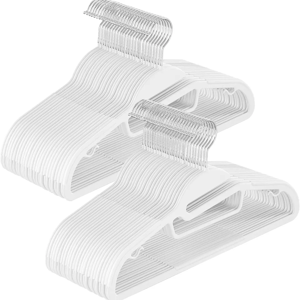 BOXED SONGMICS SET OF 50 PLASTIC COAT HANGERS WITH U-SHAPED OPENING, SPACE-SAVING, 0.5 CM THICK, 41.5 CM LONG, 360° SWIVEL HOOK, WHITE