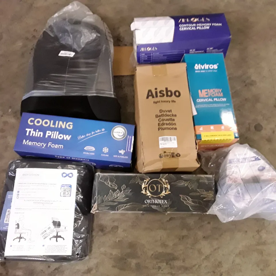 PALLET CONTAINING ASSORTED PILLOWS & CUSHIONS INCLUDING BACK CUSHION, COOLING THIN MEMORY FOAM PILLOW, CERVICAL PILLOW, LEG PILLOW, DUVET