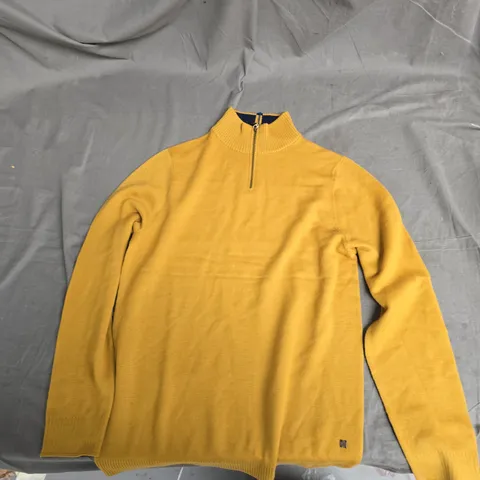 WHITE STUFF KNIT JUMPER – MUSTARD YELLOW WITH NAVY TRIM, HALF ZIP, TALL M