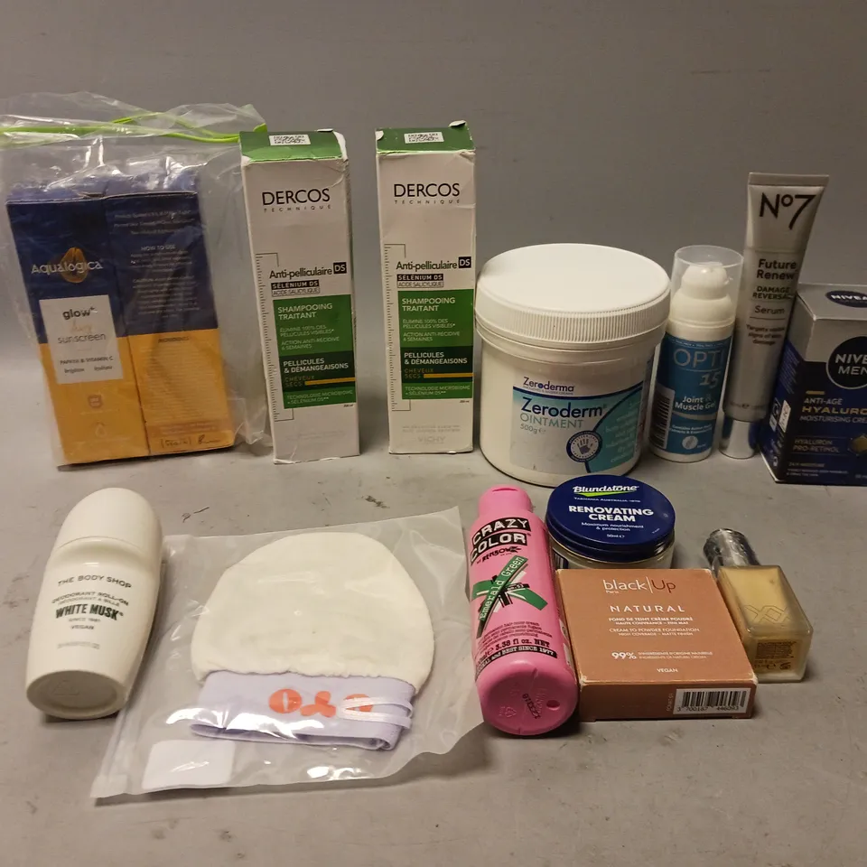APPROXIMATELY 20 ASSORTED COSMETIC PRODUCTS TO INCLUDE BLACK/UP NATURAL, NIVEA CREAM, AND DERCOS SHAMPOOING TRAITANT ETC. 