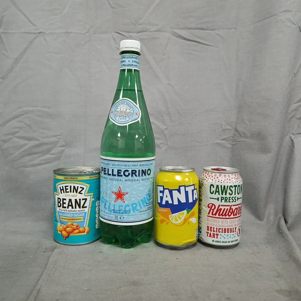 APPROXIMATELY 10 ASSORTED FOOD AND DRINK ITEMS TO INCLUDE SAN PELLEGRINO, FANTA, ETC