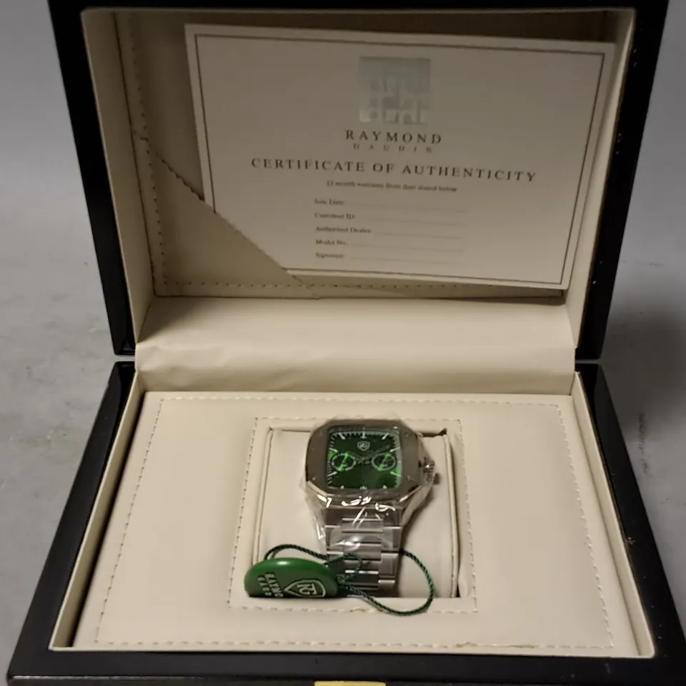 RAYMOND GAUDIN STAINLESS STEEL GREEN FACED WATCH IN GIFTBOX