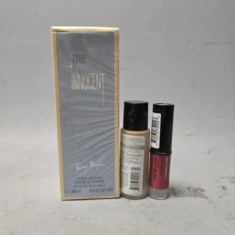 BOX OF APPROXIMATELY 30 ASSORTED HEALTH & BEAUTY ITEMS TO INCLUDE - REVLON INSTA-BLUSH , ANGEL INNOCENT BODY MILK , ALMAY SOMFORT MATTE FOUNDATION 110 