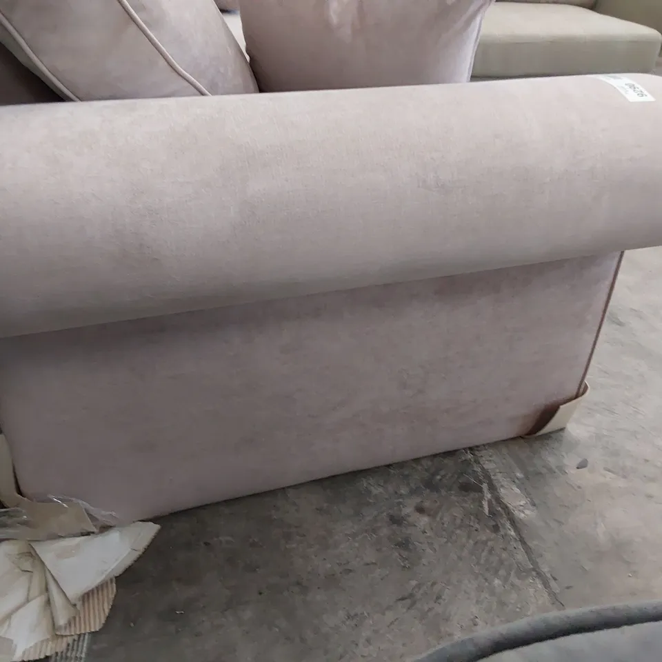 DESIGNER THREE SEATER SCROLL ARM SOFA ROSE PINK FABRIC 