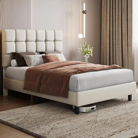 BOXED YAHEETECH FABRIC DOUBLE SIZE BED FRAME - BEIGE (1 BOX)