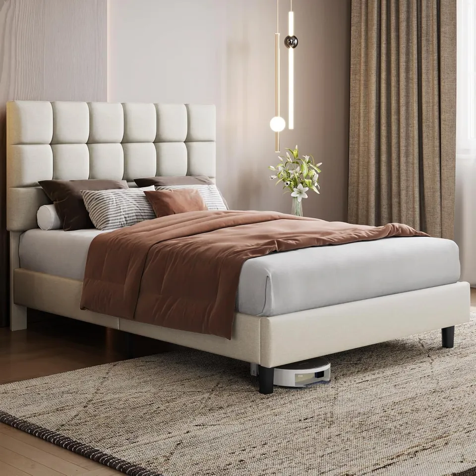 BOXED YAHEETECH FABRIC DOUBLE SIZE BED FRAME - BEIGE (1 BOX)