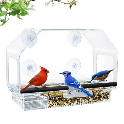 BOXED OUTSIDE ACRYLIC BALCONY WINDOW BIRD FEEDER WITH DRAIN HOLES.