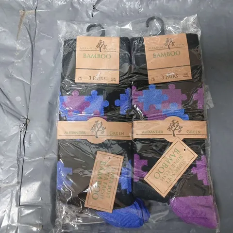 APPROXIMATELY 200 ASSORTED PAIRS OF FUNKY BAMBOO JIGSAW SOCKS IN BLUE/PURPLE - UK 7-11