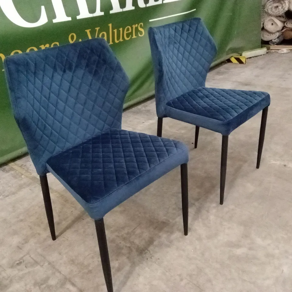 SET OF 2 QUALITY DESIGNER DIAMOND PATTERN VELVET DINNING CHAIRS - DEEP BLUE