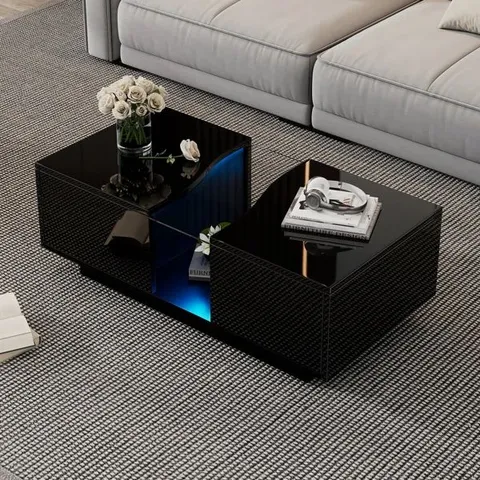 BOXED LED COFFEE TABLE WITH 2 DRAWER STORAGE, HIGH GLOSS COFFEE TABLE - BLACK (1 BOX)