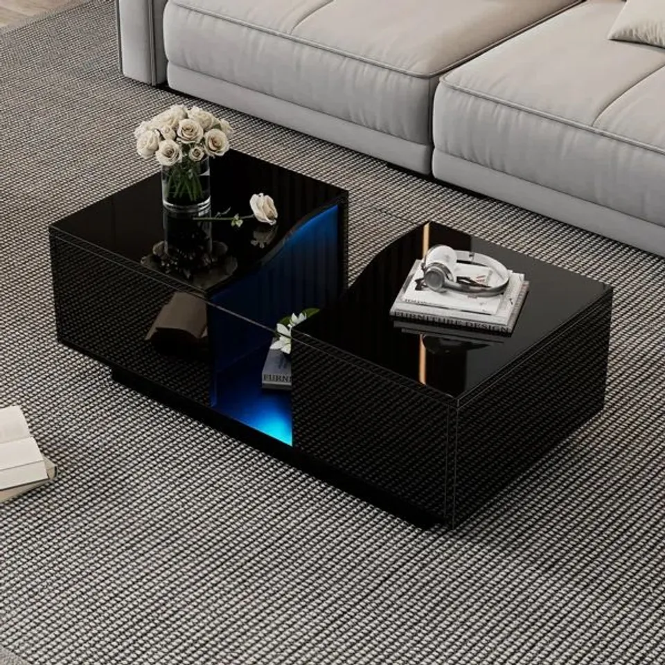 BOXED LED COFFEE TABLE WITH 2 DRAWER STORAGE, HIGH GLOSS COFFEE TABLE - BLACK (1 BOX)