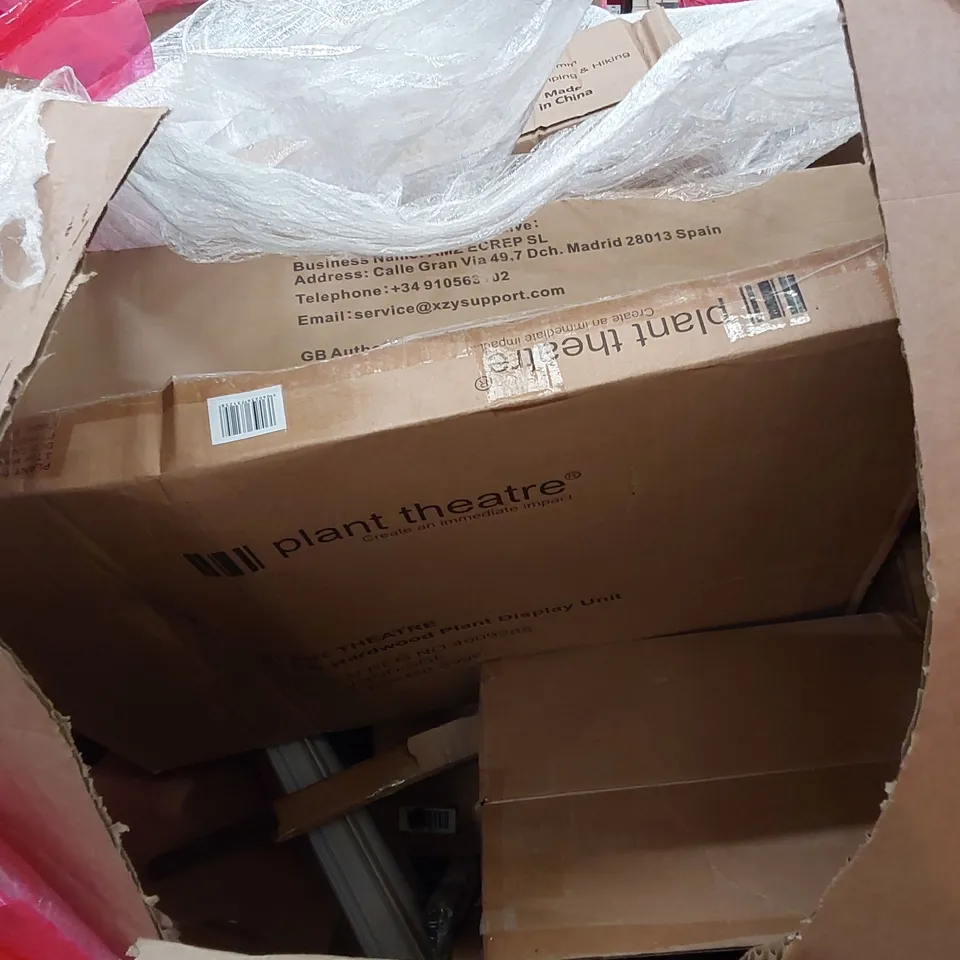 PALLET OF ASSORTED HOUSEHOLD ITEMS AND CONSUMER PRODUCTS. INCLUDES; TENT, BABY BATH SEAT, TOILET SEATS, PLANT DISPLAY UNIT, BOXED FURNITURE ETC 