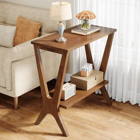 BOXED SOLID WOOD END TABLE FOR LIVING ROOM, 2-TIER SOFA SIDE TABLE