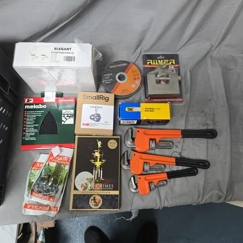 APPROXIMATELY 15 ASSORTED HARDWARE TOOLS AND CAMERA ACCESSORIES – SMALLRIG BOX, METABO KIT, ORANGE BAR CLAMPS