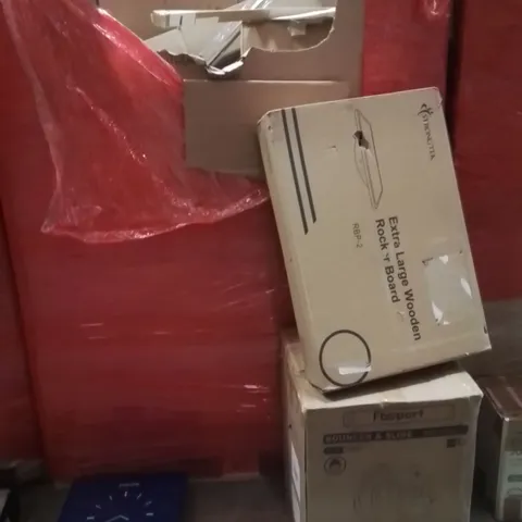 PALLET OF ASSORTED HOUSEHOLD GOODS AND PRODUCTS TO INCLUDE;INFLATABLE BOUNCER AND SLIDE,EXTRA LARGE WOODEN ROCKER BOARD,CLOCK