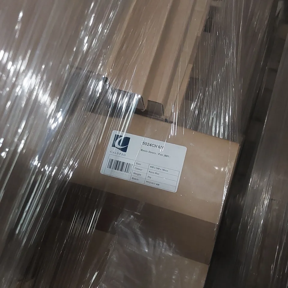 PALLET CONTAINING A LARGE QUANTITY OF ASSORTED BATHROOM FURNITURE PARTS INCLUDING: DEEP BASE END/INFIL PANEL, BASIN DOORS ECT