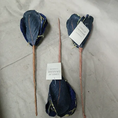 LOT OF APPROXIMATELY 24 GISELLA GRAHAM LONDON BLUE VELVET ARTIFICIAL LEAVES ON STEMS