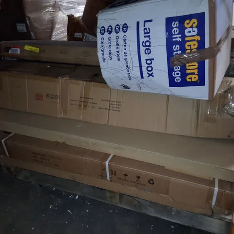 PALLET OF ASSORTED FLAT PACK FURNITURE PARTS TO INCLUDE GREY GARDEN SHED